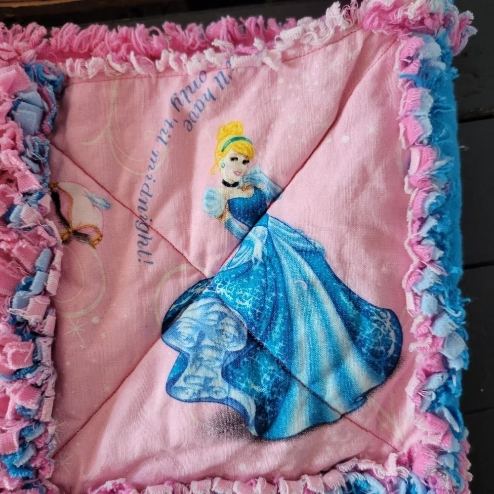 Handmade Quilted Cinderella Bag Tote Pink Blue Disney Princess Rag Fringe Soft